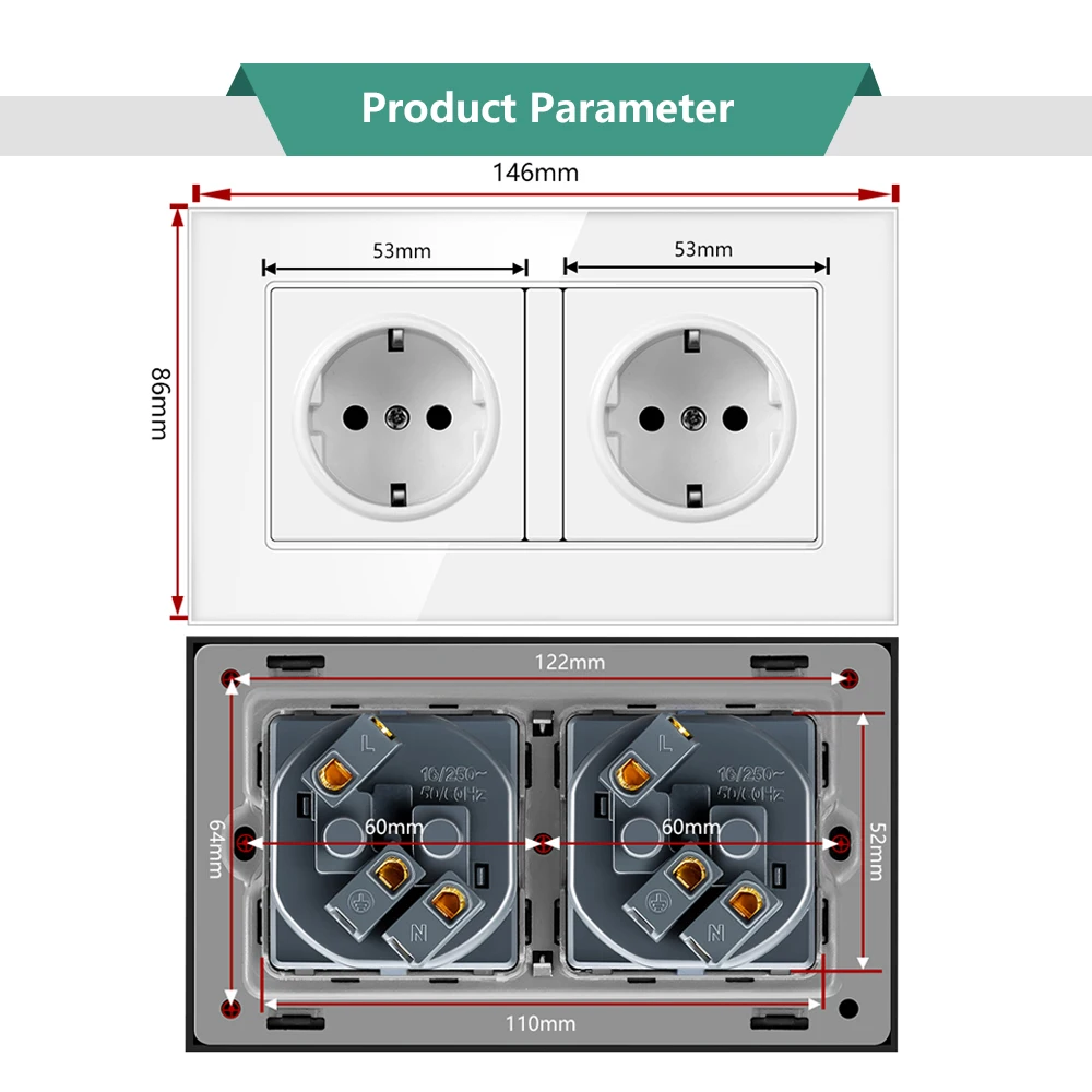 Presa di corrente a muro Standard BONDA EU 3 colori presa per pannello in cristallo Standard tedesco 2 fori 16A presa a muro AC110-250V 146*86