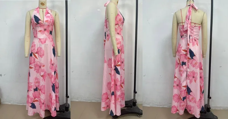 Damen Maxikleid mit Blumenmuster, Neckholder, tiefem V-Ausschnitt, Schnürung am Rücken, fließendes langes Kleid, Sommer, Strandurlaub, Hochzeitsgast, Sommerkleid – Detail 4