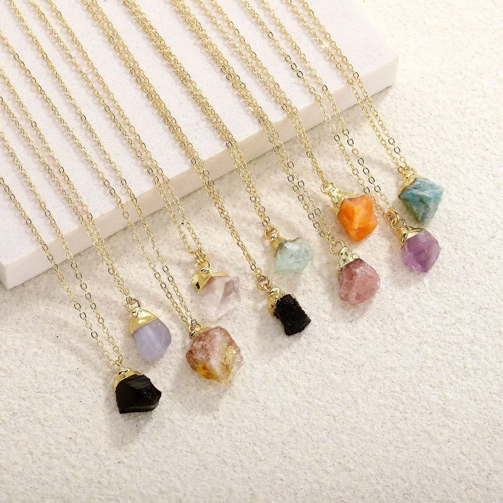 Boho Healing Raw Crystal Necklace, Gold Plated Gemstone Choker Spiritual Gift for Her