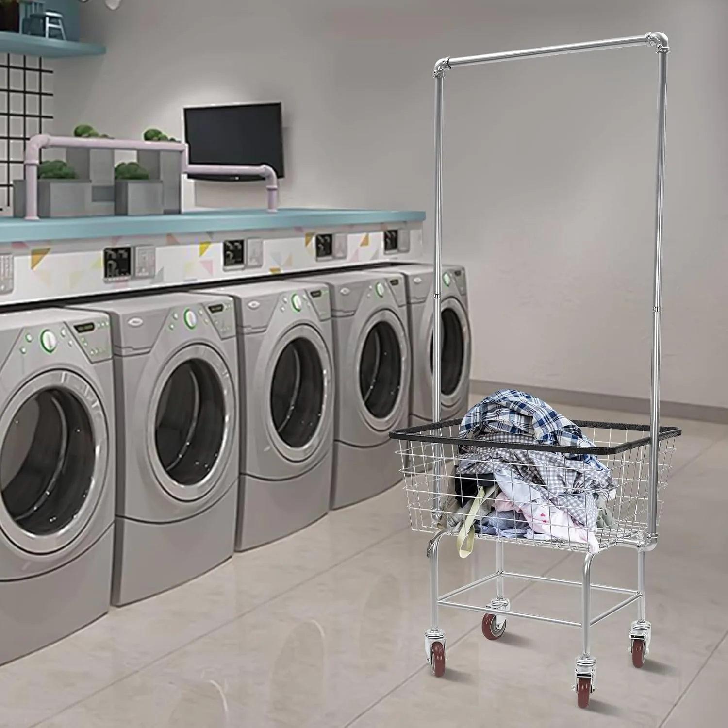 Тележка для белья с колесами, Тележка для белья из стальной проволоки с подвесной стойкой, Коммерческая корзина для белья Корзина для белья для дома, гостиницы