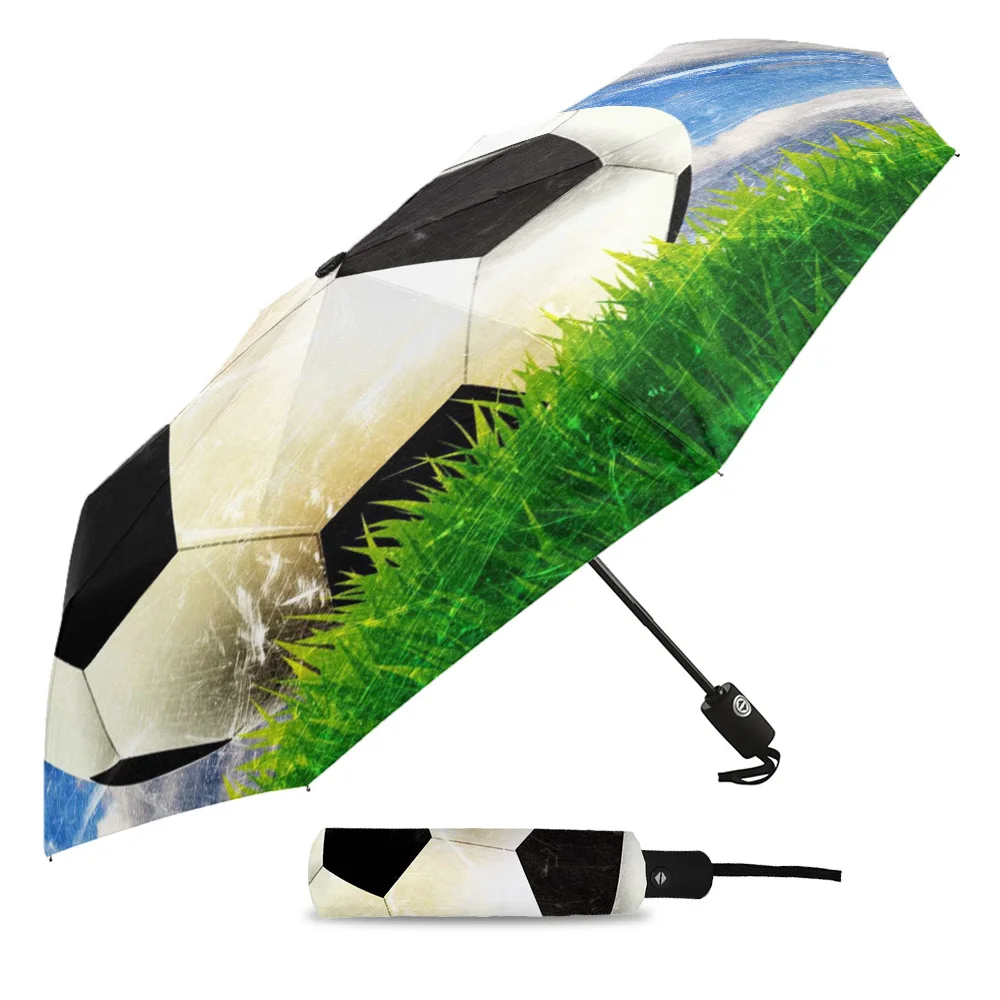 Football Sky Clouds Grass Soccer Creative Umbrella Rain Women Automatic Three Folding Umbrellas Windproof Parasol Parapluie