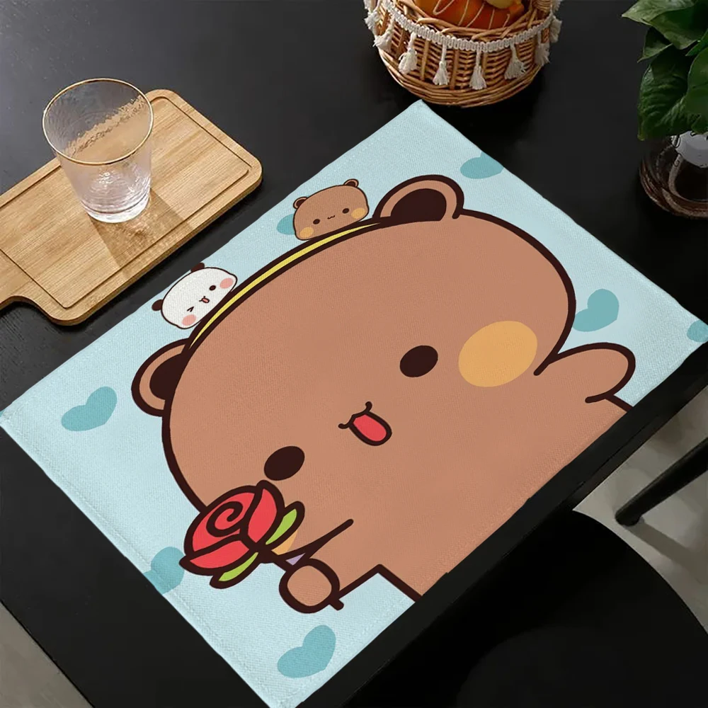 2Pc Bubu Dudu Cute Cartoon Bear Print Linen Dining Table Mats Alphabet Kitchen Placemat 30X40cm Coasters Pads Bowl Cup Mat