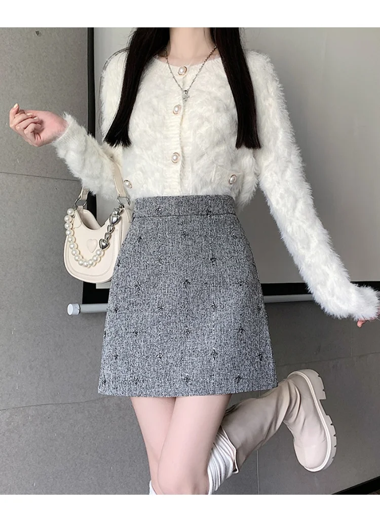 SMTHMA New Winter Sequin Tweed Skirt Women's Small Fragrance Style High Waist Slimming A-line Short Skirt