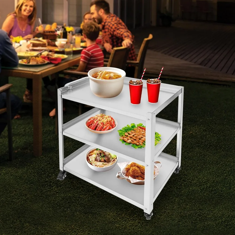 3 Tier Stainless Steel Kitchen Trolley Cart, Foldable Utility Serving Storage Rolling Car Shelf with Wheels, Shelving Unit for H