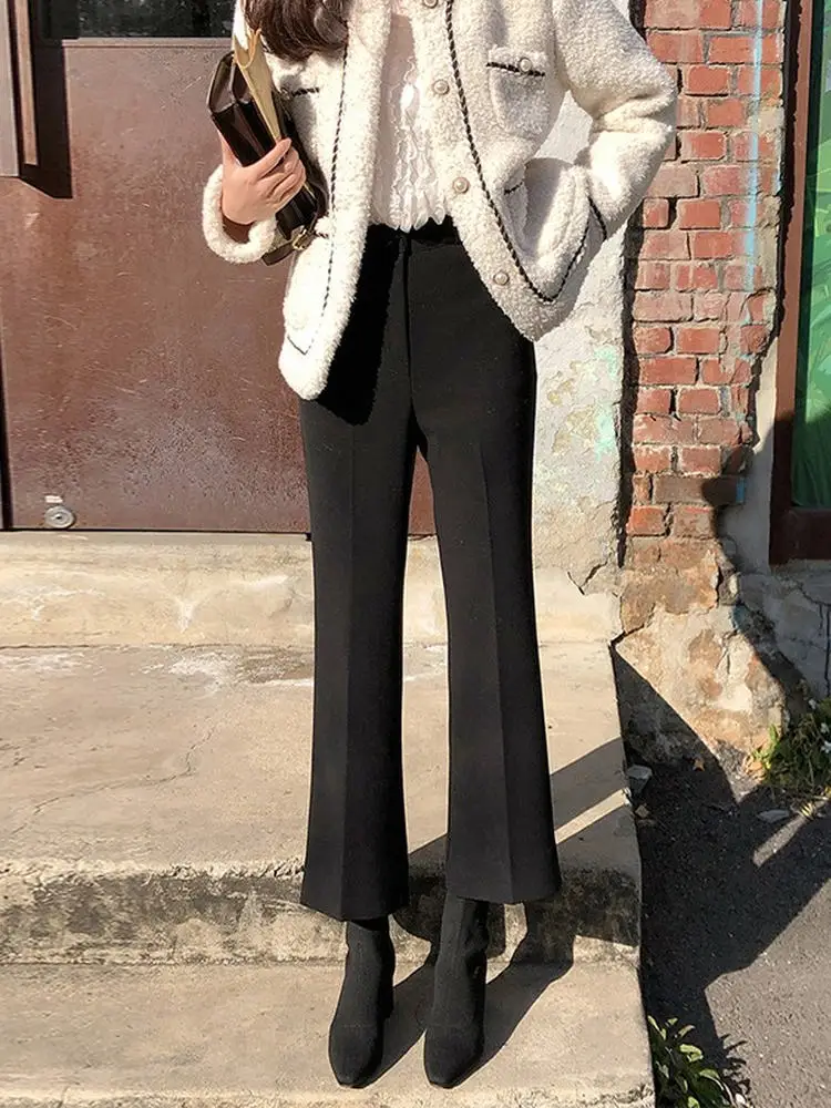 

Slimming High Waist Flared Pants Women's Bla 202 Winter Korean Sle Casual Trousers Nine Points Micro Flare Pants