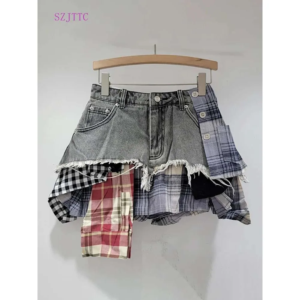DEAT Women's Denim Skirt Colored Plaid Patchwork Irregular Deconstructed A-line High Waist Mini Skirt 2025 Summer New Fashion