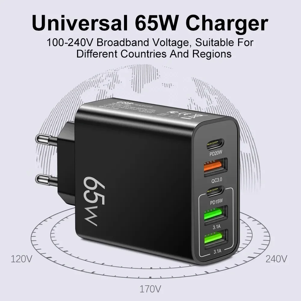 携帯電話アダプタータイプC PD,5ポート急速充電,iPhone, Samsung, Xiaomi用の壁充電器,合計65W, USBタイプC