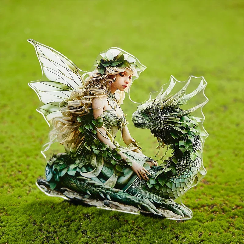 Charming Green Fairy with Dragon Garden Pile - Acrylic Outdoor Art, Bohemian Style Patio Decor Flower Pot Landscape Accessories