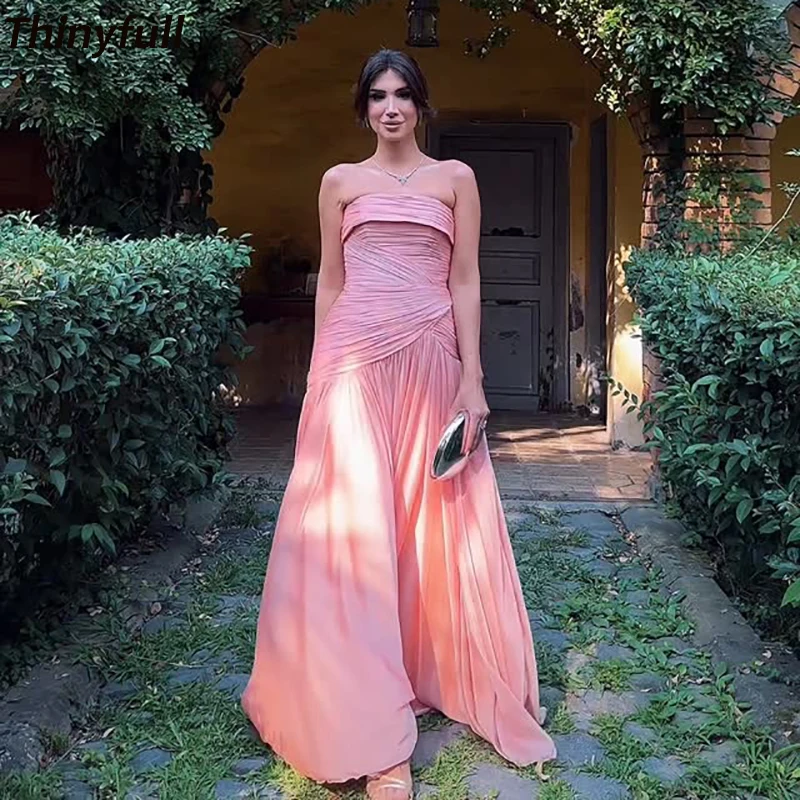 

Thinyfull A-line Prom Dress Strapless Sleeveless Pleat Chiffon Evening Gown Arab Formal Occasion Dress robes de soirée Customize