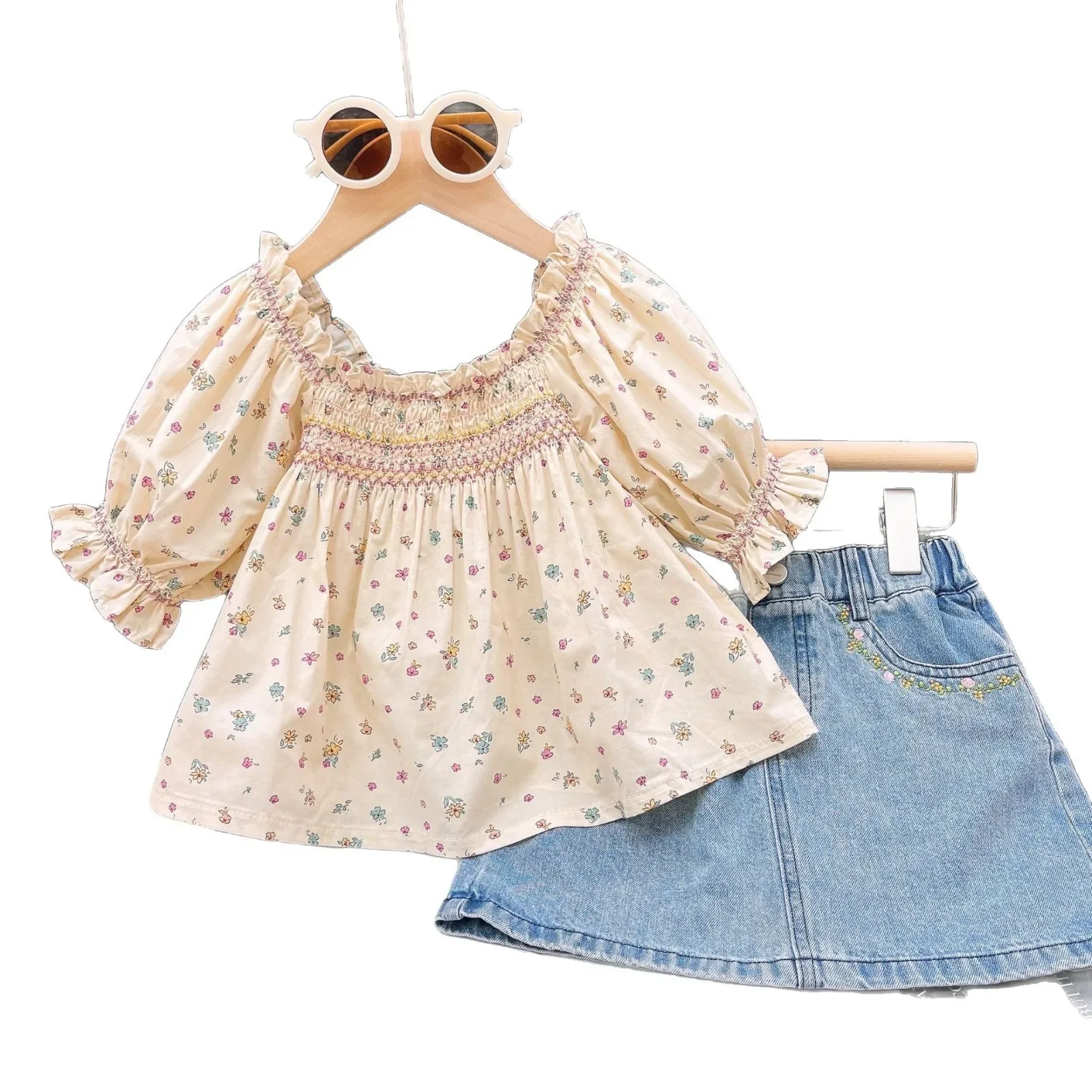مجموعات ملابس الأطفال زهرة مطبوعة الأكمام بلوزات + زهرة مطرزة تنورة 2 قطعة مجموعات طفلة الزي مجموعة ملابس طفلة