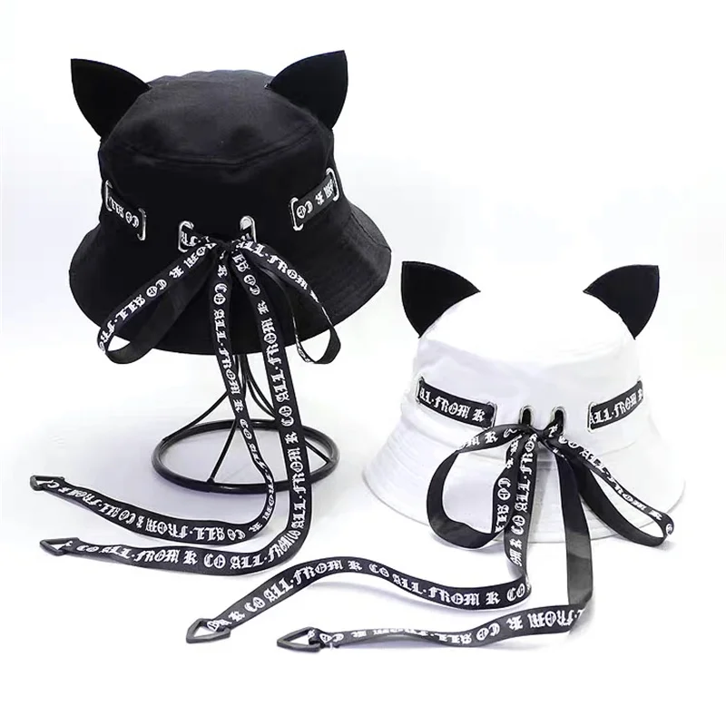 Cute Cat Ears Bucket Hat for Women Men Designer Ribbon Hip Hop Fisherman Cap with Strings Sun Protection Bob Panama Hats