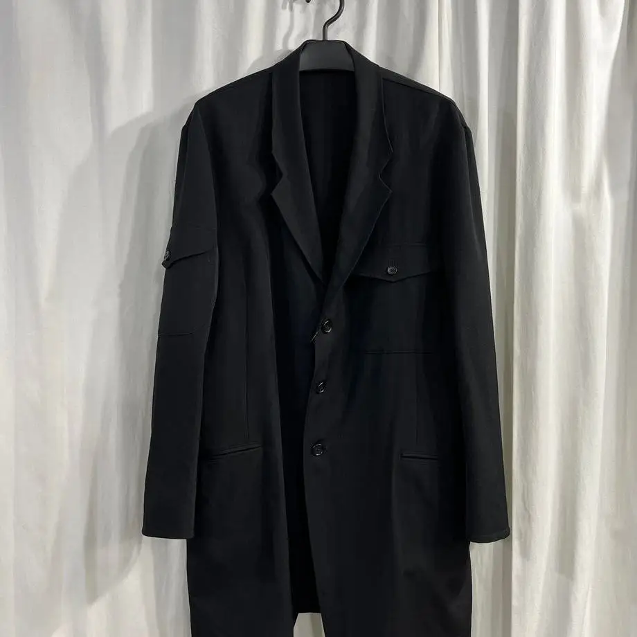 

TOP-YAMAMOTO ® Minimalist silhouette windbreaker, mid-length black wool coat for men