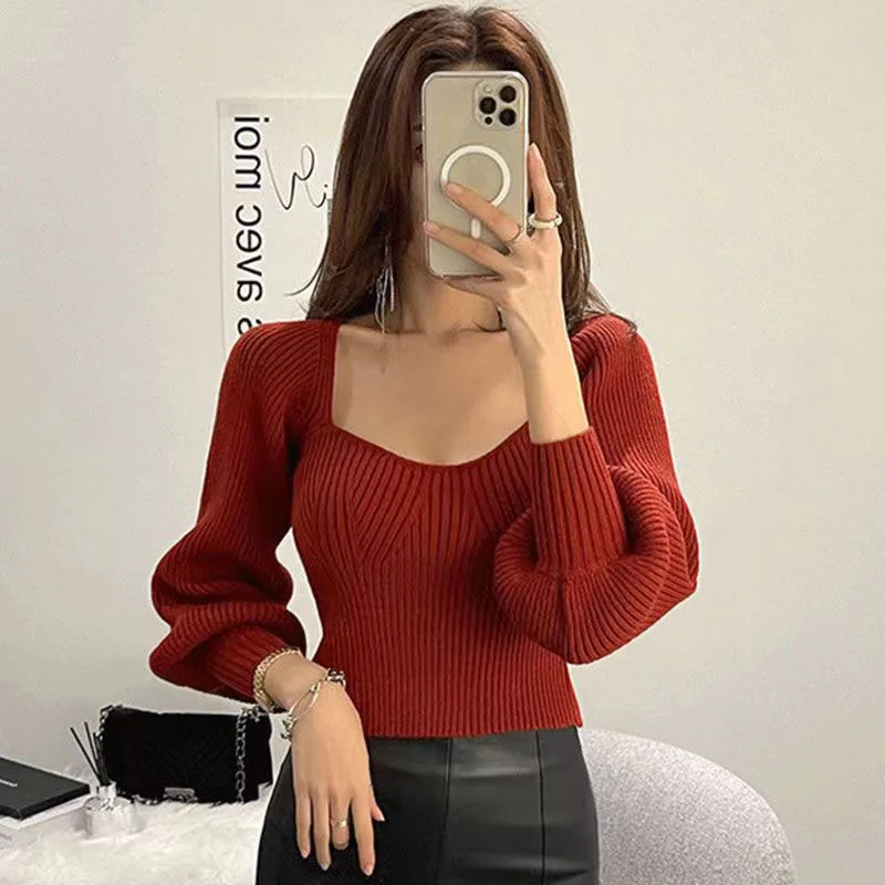 Lucyever Green Square Collar Knitted Sweater Women 2023 Autumn Winter Slim Fit Lantern Long Sleeve Knitwear Elegant Short Jumper