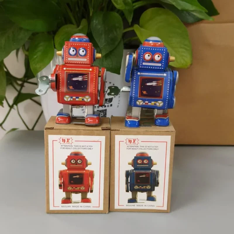 [Funny] Adult Collection Retro Wind Up Toy Metal Tin Mini- Robot Red/Blue Clockwork Toy Figure Model Vintage Toy Gift