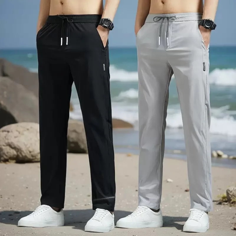 

Summer Ice Silk Men Casual Straight Pants Loose Thin Quick Dry Sports Long Pants Elastic Waist Fashion Trousers For Male