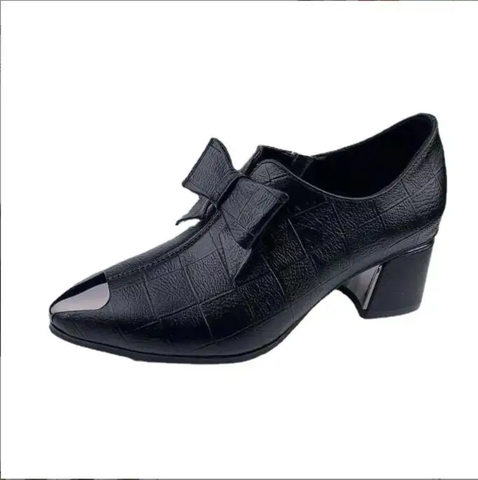 Women Classic Black Bow Tie Medium High heel Slip on Spring Shoes Lady Fashion Sweet Black Party High Heel New metal tip Shoes