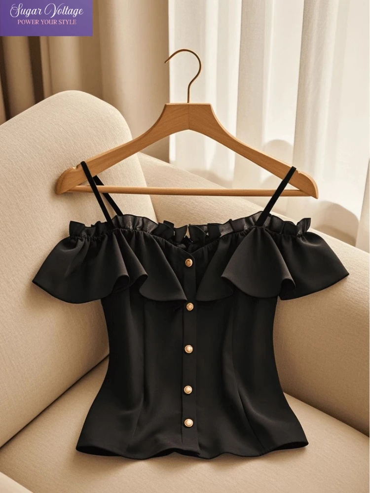 

Korean Chic Look Younger Slash Neck Slim Blouse Women's Summer Elegant All-Match Ruffle Shirt Female Luxurious Office Clothing