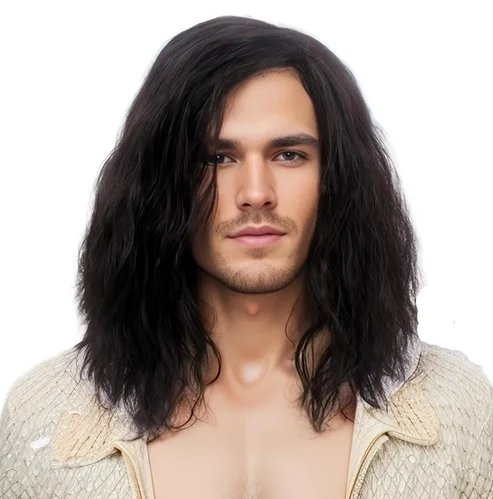 Men's Wig Shoulder Long Black Wave Curly Chemical Fiber Synthetic Hair Wig Natural Men's Daily Party Costume Cosplay Wear