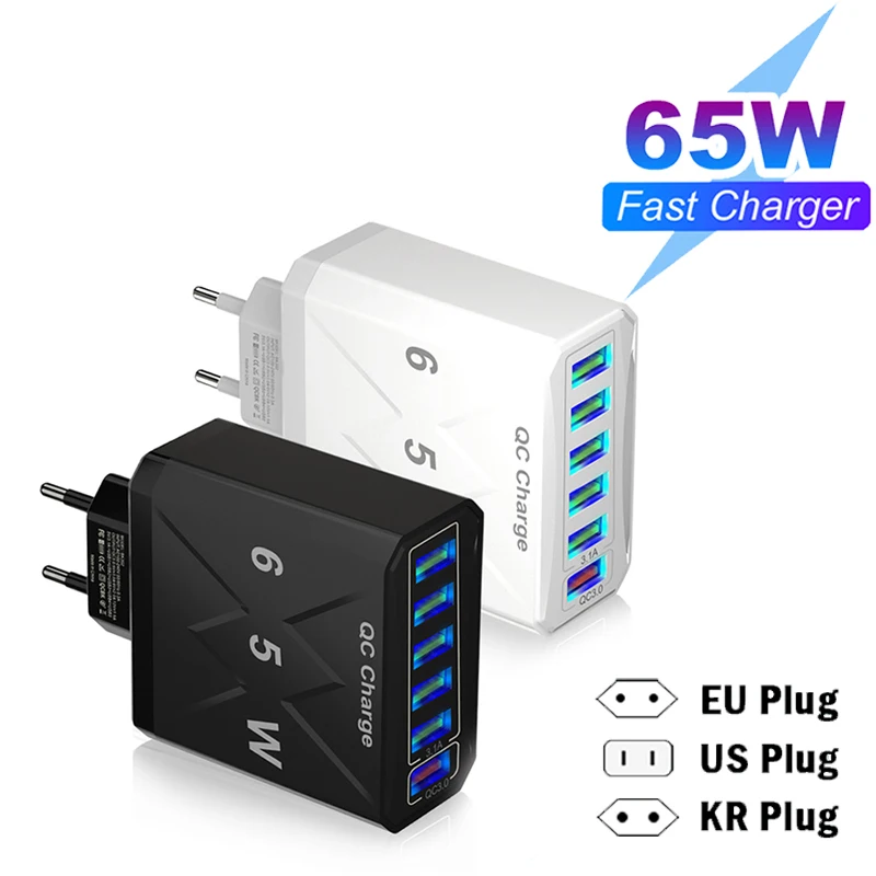 6 Port Total 65W USB Charger Fast Charging Mobile Phone Travel Wall Adapter For iPhone Samsung Xiaomi Redmi Huawei US/EU/KR Plug