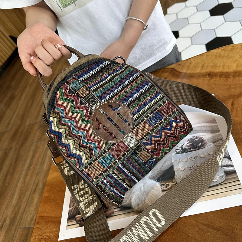 Chikage Fashion Ethnic Style Small Backpack Trend Women New Casual Denim Canvas Backpack Personality Embroidered Travel Bag