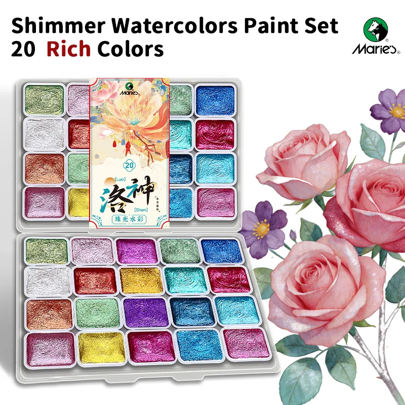 Marie's Shimmer 20 Farben Aquarellfarben-Set, Funkelnde Metallic-Glitzerfarben für Kalligrafen, Zeichnen, Schreiben, Dekoration