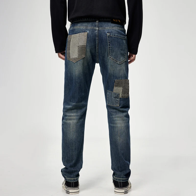 New Trendy Brand Needle Stitched Patch Jeans For Men Rugged And Stylish Personalized And Fashionable Pants