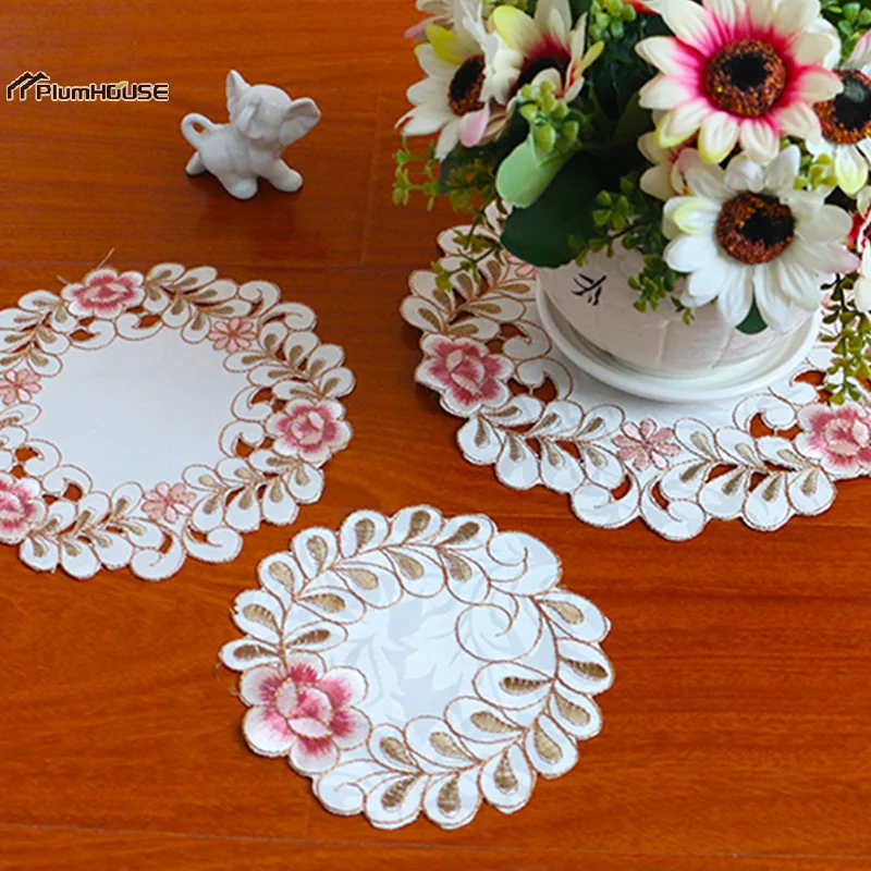 1Pcs Satin Rose Flower Embroidery Place Table Mat Cloth Pad Cup Doily Napkin Coaster New Year Placemat Christmas Wedding Kitchen