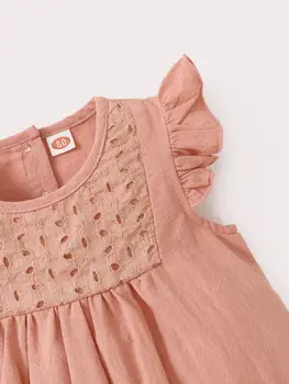 夏季女孩飛袖短袖純色簡約洋裝可愛風圓領設計褶皺小裙 10 最佳銷售 幼兒生日禮服 - №10