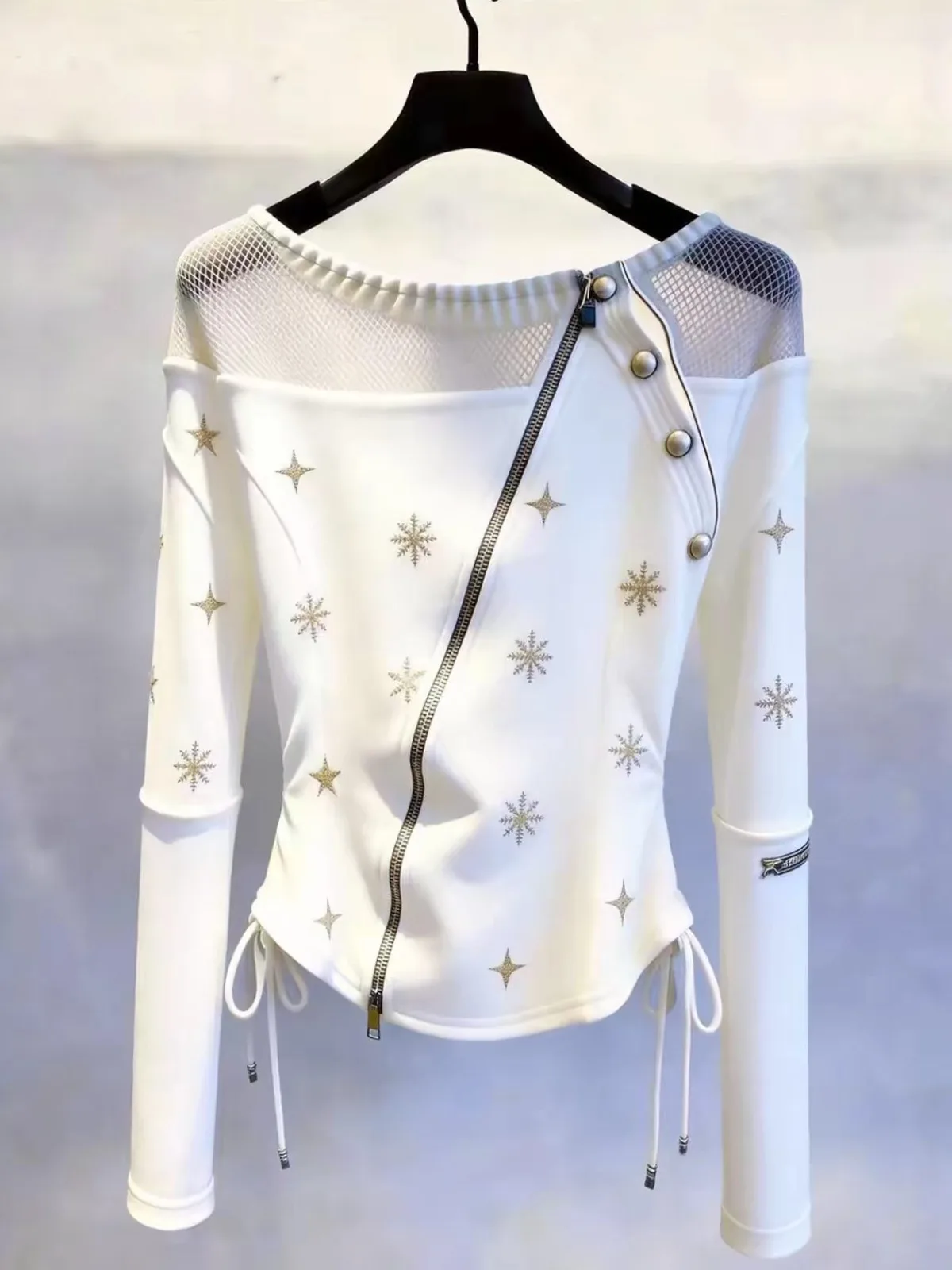 New 2026 Autumn Women's Star Print Top Zipper Drawstring Waist Slim Fit Casual T-Shirt White Elegant Fashionable Daily Wear