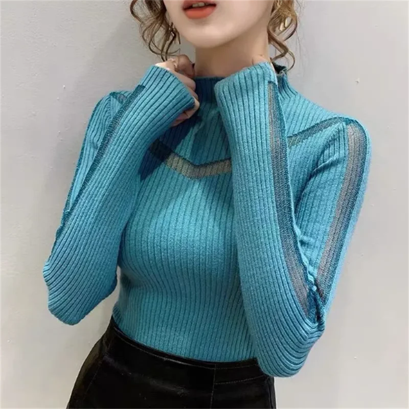 Sexy Long-Sleeved Sweater Women Turtleneck Perspective Net Yarn Splicing Knitwear Bright Pull Ladies Sweaters Pullover Top