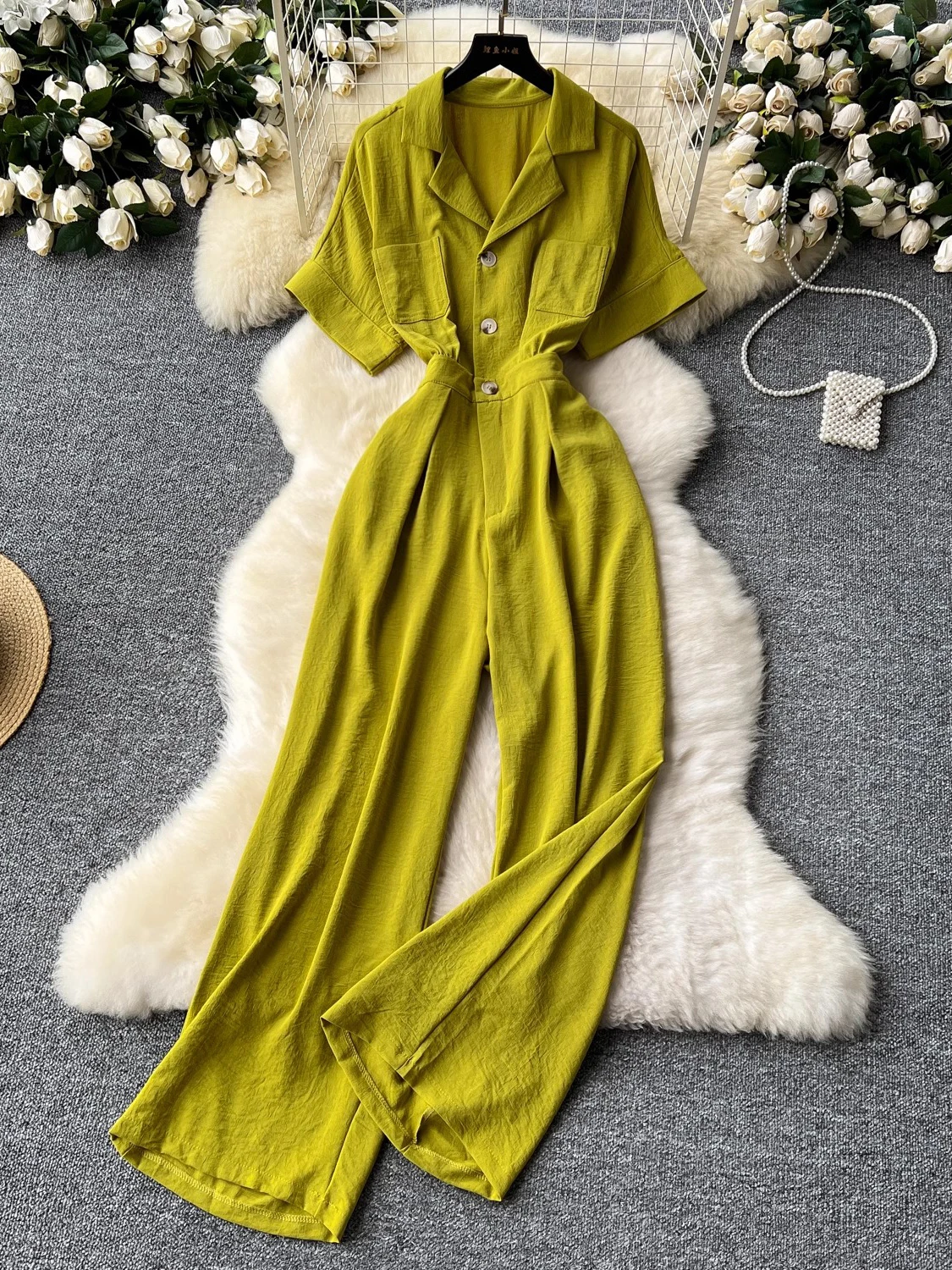 Summer Casual Women Romper Elegant Green/Blue/Black/Purple/Red Notched Collar Single Breasted Short Sleeve High Waist Jumpsuit