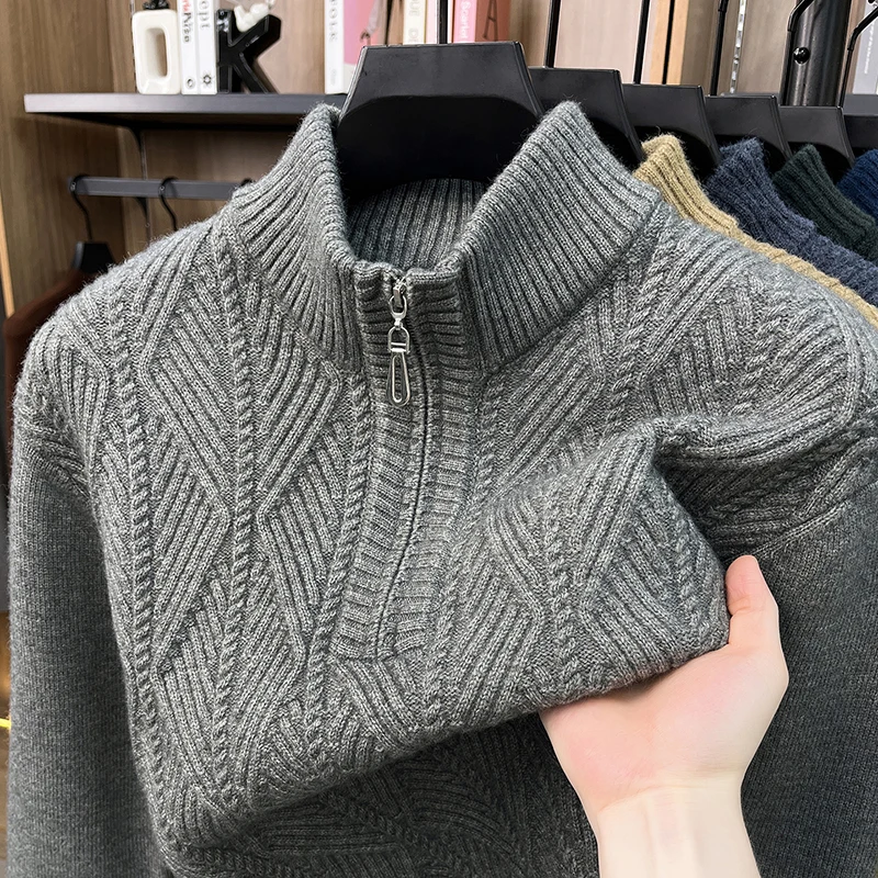 Fashion solid color jacquard men's pullover high-quality half zipper stand collar knitted sweater new thickened warm winter top