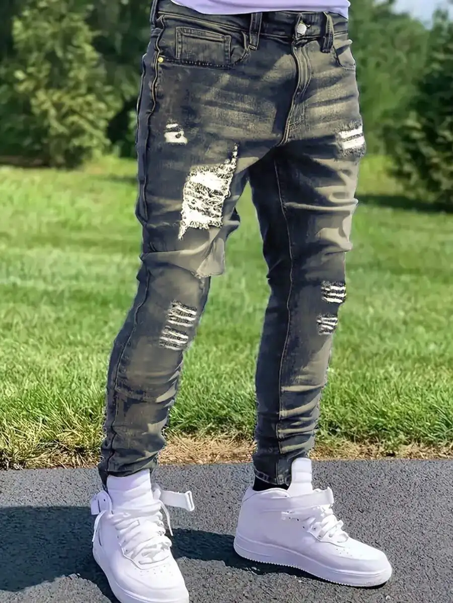 Mens Slim Fit Distressed Black Straight Leg Casual Jeans With Pockets