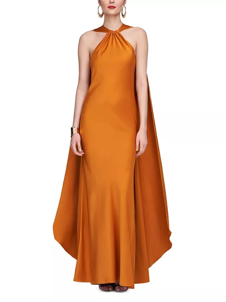 Elegant Satin Round-neck Halter Cape Gown Sleeveless Back-neck Fastening Two-piece Slim-fitting Cape Dress With Draped Back