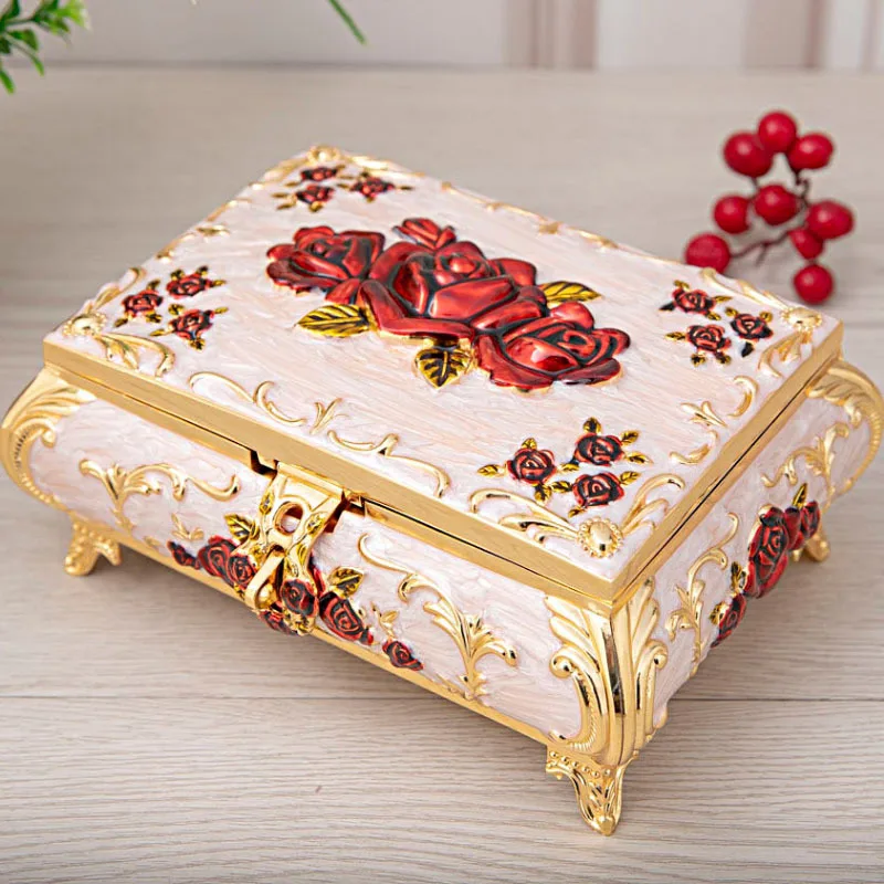 

18.2X14.6X8.5CM Vintage Case Rose Carved Decor Metal Jewelry Box Enameled Necklace Pendant Ring Gift Storage organizer Z116