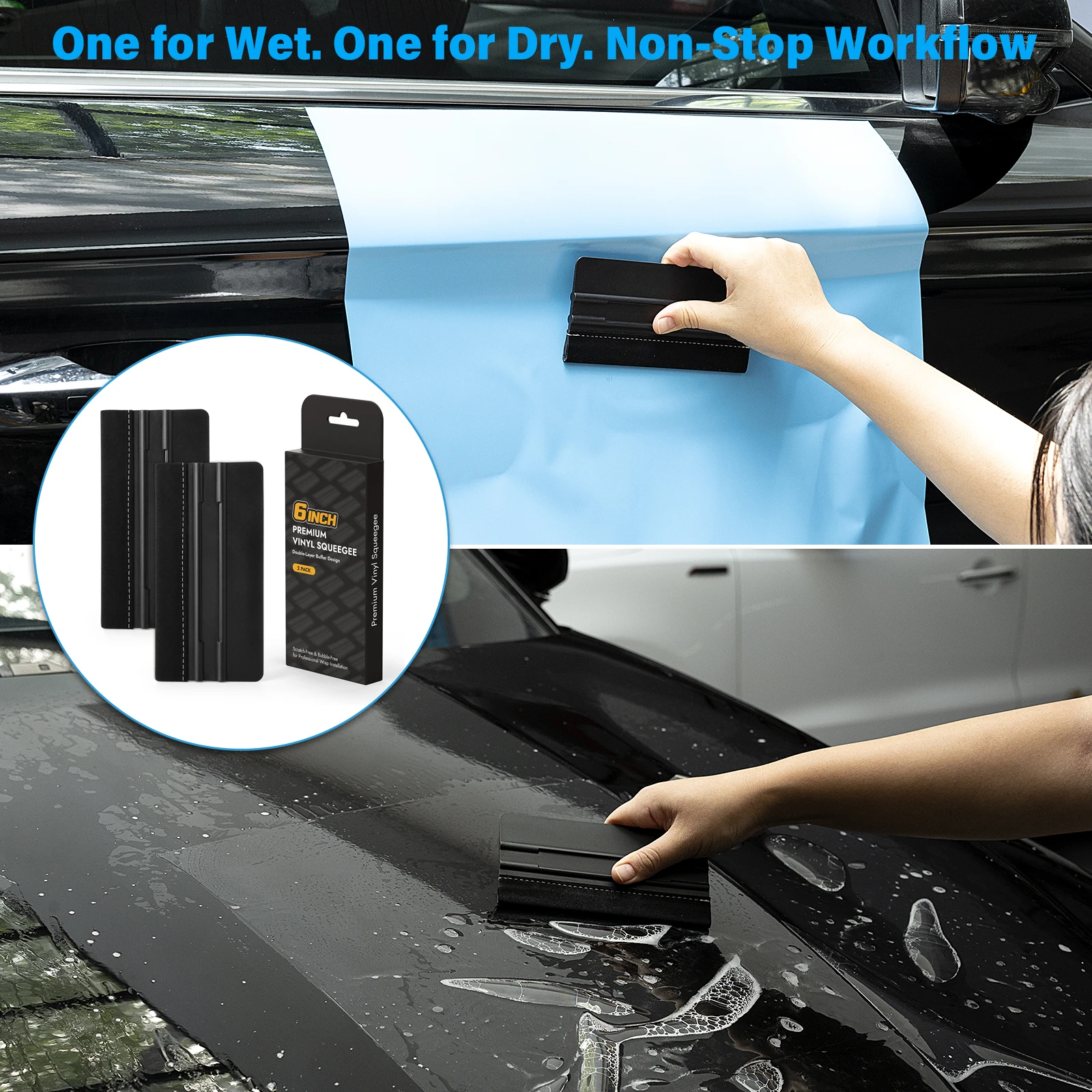 FOSHIO Double-Layer Felt Edge Vinyl Scraper Car Wrapping Tool Carbon Fiber Film Installing Water Removal Tinting Squeegee 6-Inch