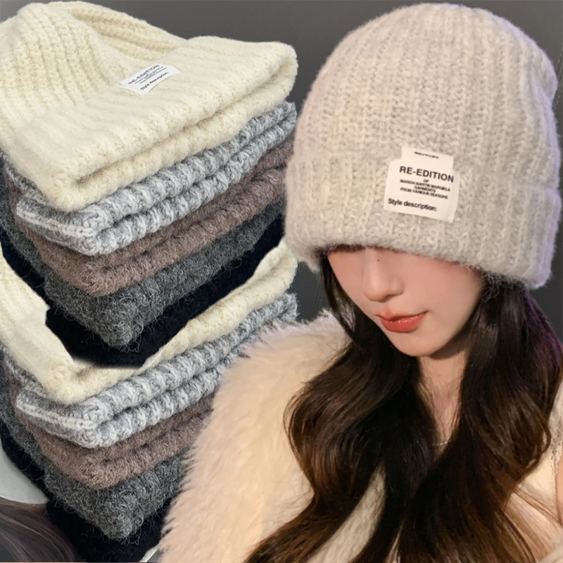 New Winter Beanie Skullies Hats for Women Colorful Big Size Warm Thick Knitted Hat Female Curling Pile Confinement Bonnet Cap