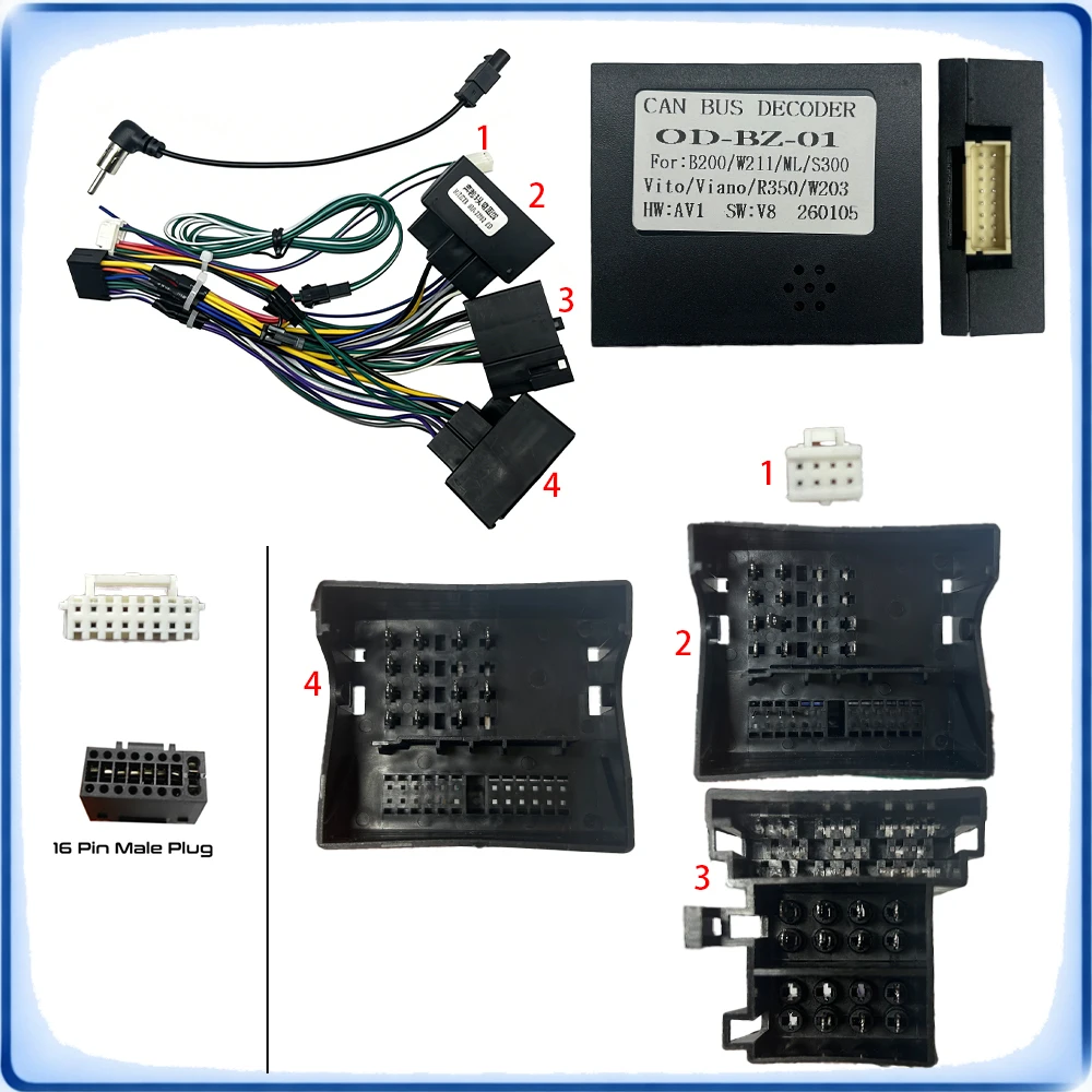 Quadlock&ISO to 16Pin Car Radio Wiring Harness with CANBUS Decoder for Mercedes Benz B200 W203 W209 W211 Vito  Android Stereo