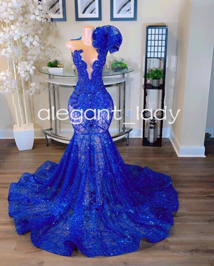 

Royal Blue Long Mermaid Evening Formal Dresses fow Women 2025 Sparkly Diamond Crystal Gillter Prom Gala Gown Sheer Mesh