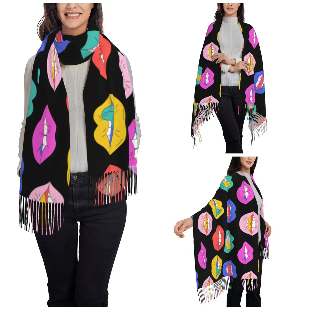 Pop Art Lips Psychedelic Style Shawl Wrap Womens Warm Long Soft Scarf Funky Mouth Sensual Lip Pashmina Tassel Scarves