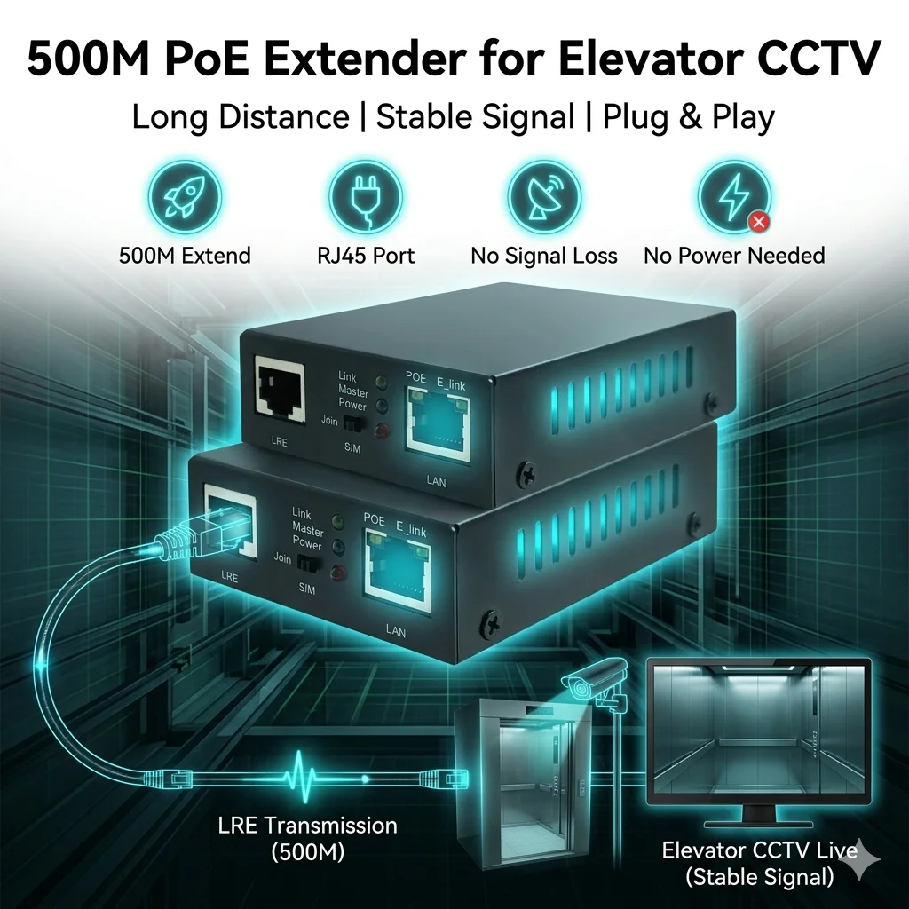 PoE Extender 500M Long Distance RJ45 1 Port 10/100Mbps PoE Repeater for CCTV Elevator IP Camera Plug and Play