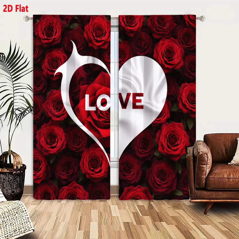 2Pcs Curtains 2D Flat LOVE Heart Red Rose Background Romantic Floral Arrangement Window Drapes for Bedroom Room Decor Decoration
