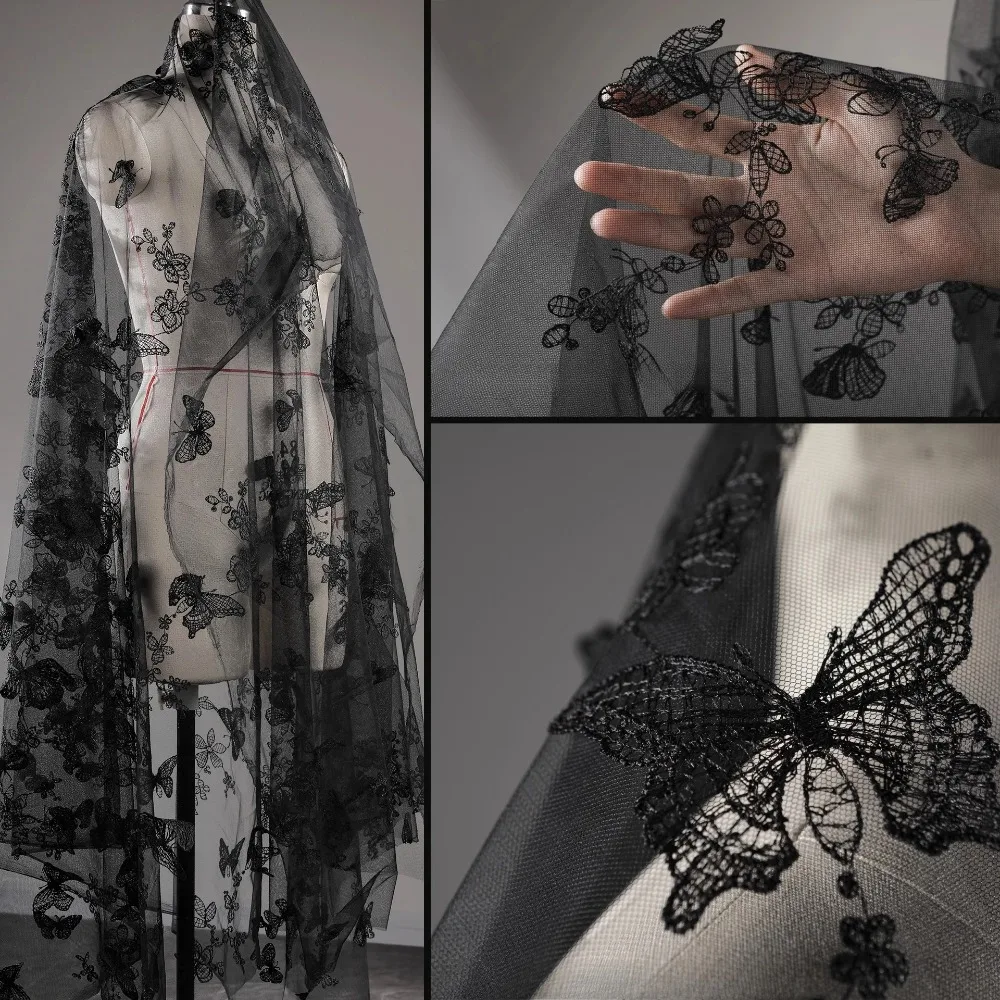 

Black Tulle with 3D Butterfly Embroidery Designer Fabric For Wedding Dresses Skirts Handmade Clothing