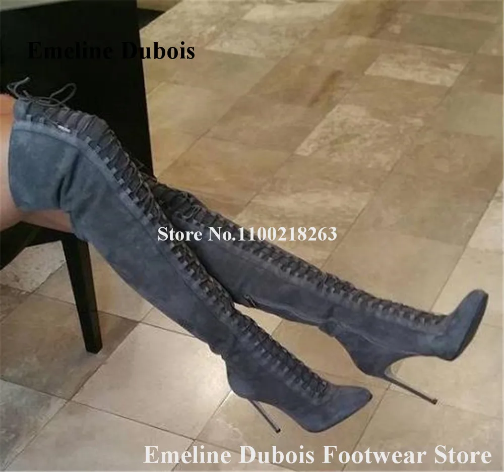 Grey Over Knee Boots Emeline Dubois Women Round Toe Lace-up Suede Slim Stiletto Heel Long Boots Sexy Dress Heels