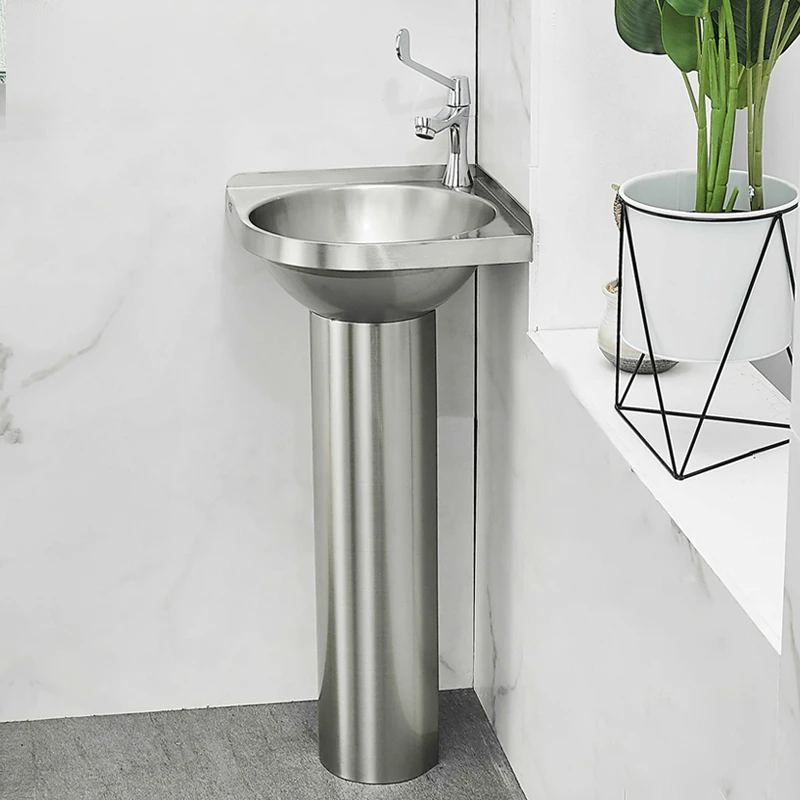 Lavabo triangular de acero inoxidable 304, lavabo de columna para apartamento pequeño, montado en la pared, tipo de suelo