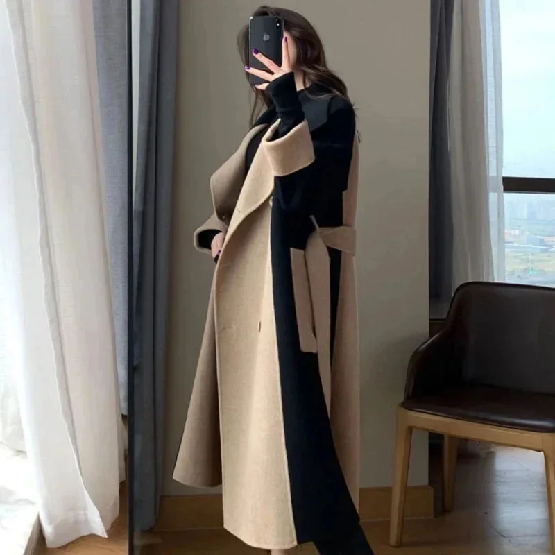 Elegant Patchwork Double-breasted Overcoat Women Long Style Slim Sashes Outerwear Autumn Winter Chic Turn Down Collar Warm Coats