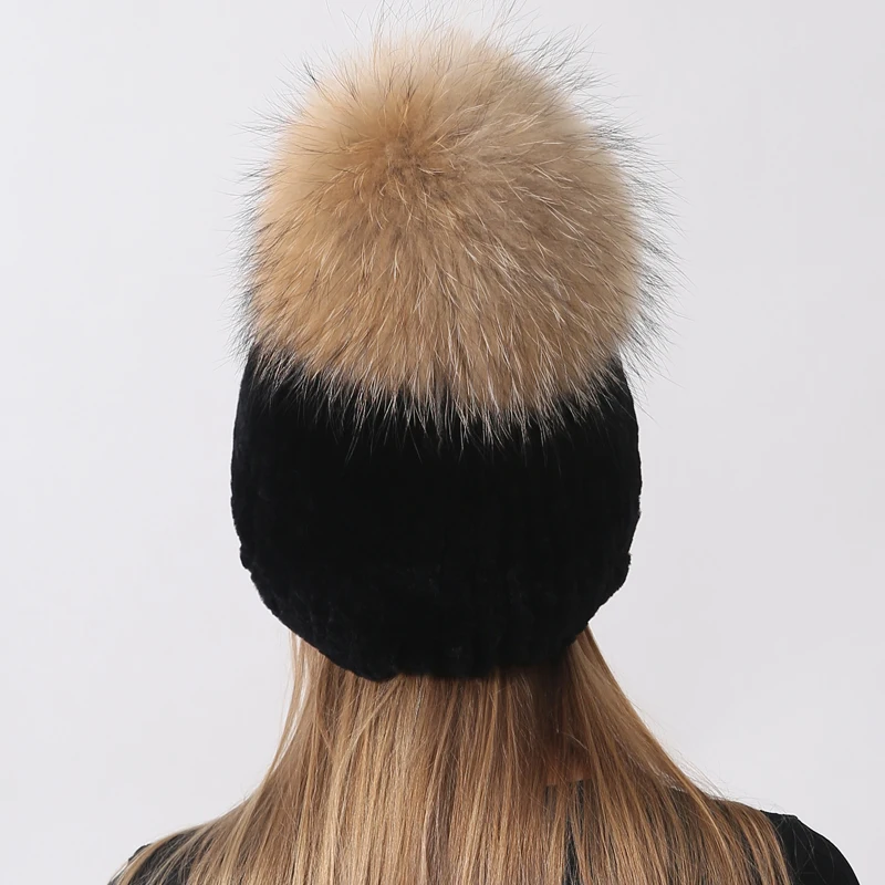 Fashion Rabbit Fur Hat Fox Pompom Knit Beanie Women Winter Warm Elastic Thick Outdoor Double Layer Snow Cap