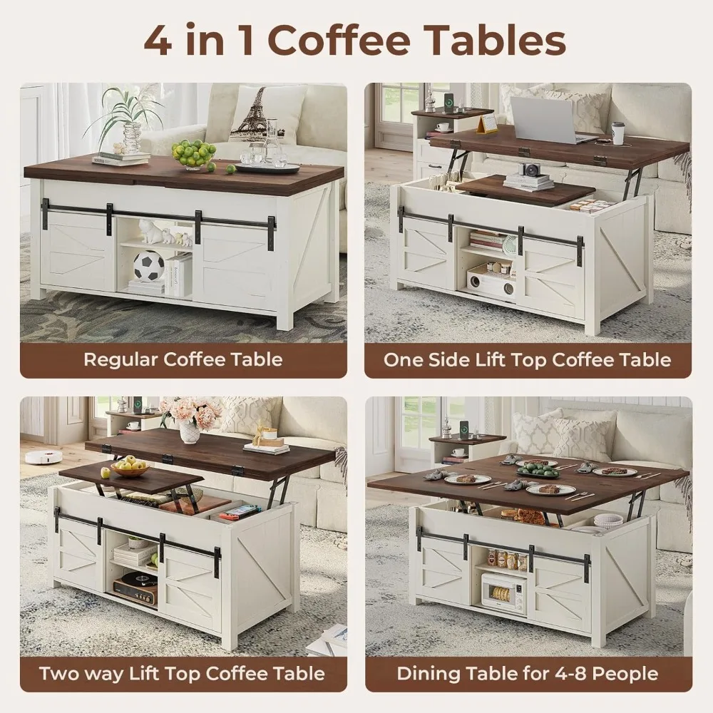 Lift Top Coffee Table for Living Room with 4 Sliding Barn Doors, 4 in 1 Farmhouse Coffee Table with Adjustable Shelves and Hidde