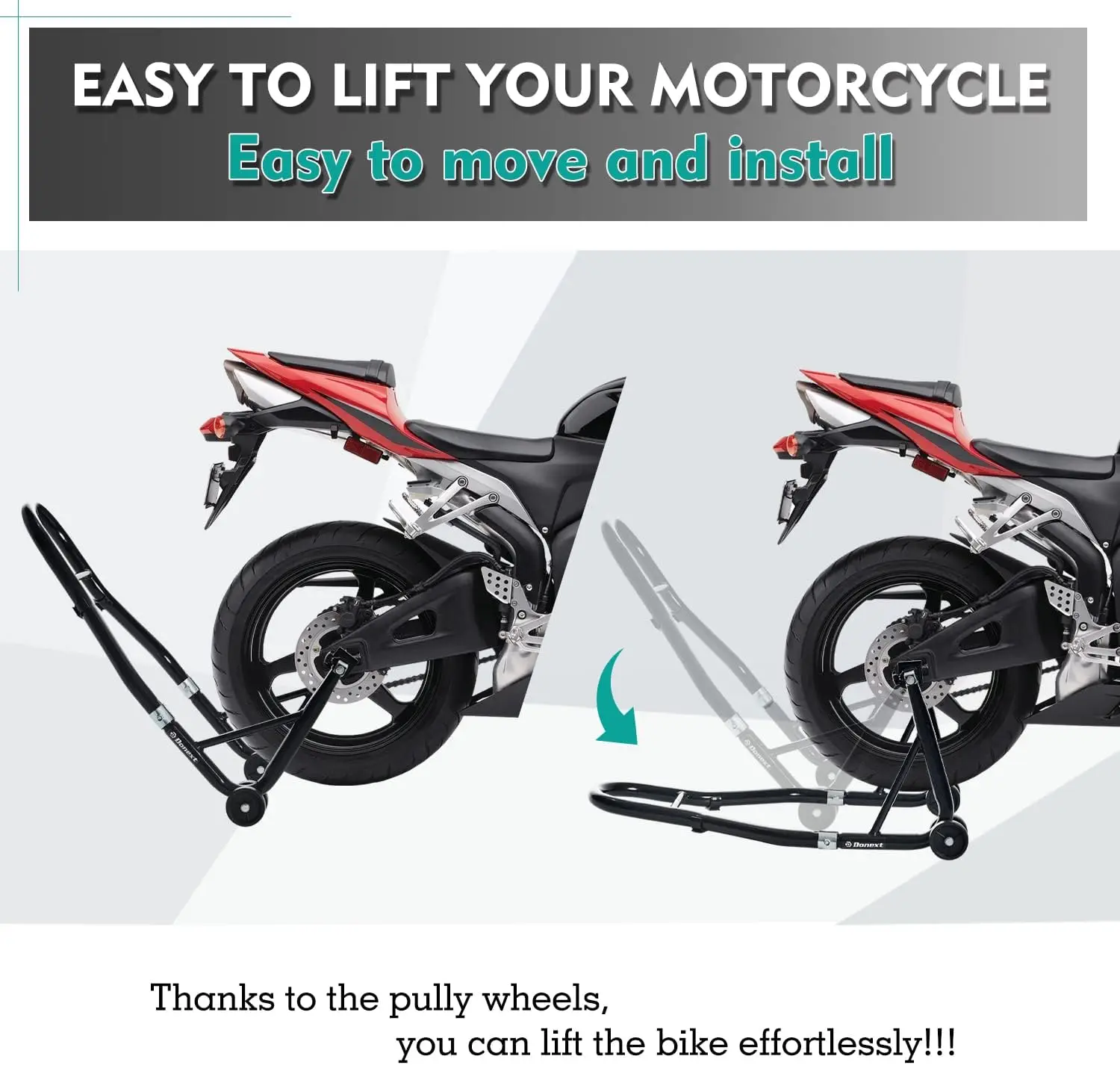 Robuuste motorfiets-achterwielliftstandaard, capaciteit 850LB, verstelbaar voor sportfietsen, zwarte afwerking