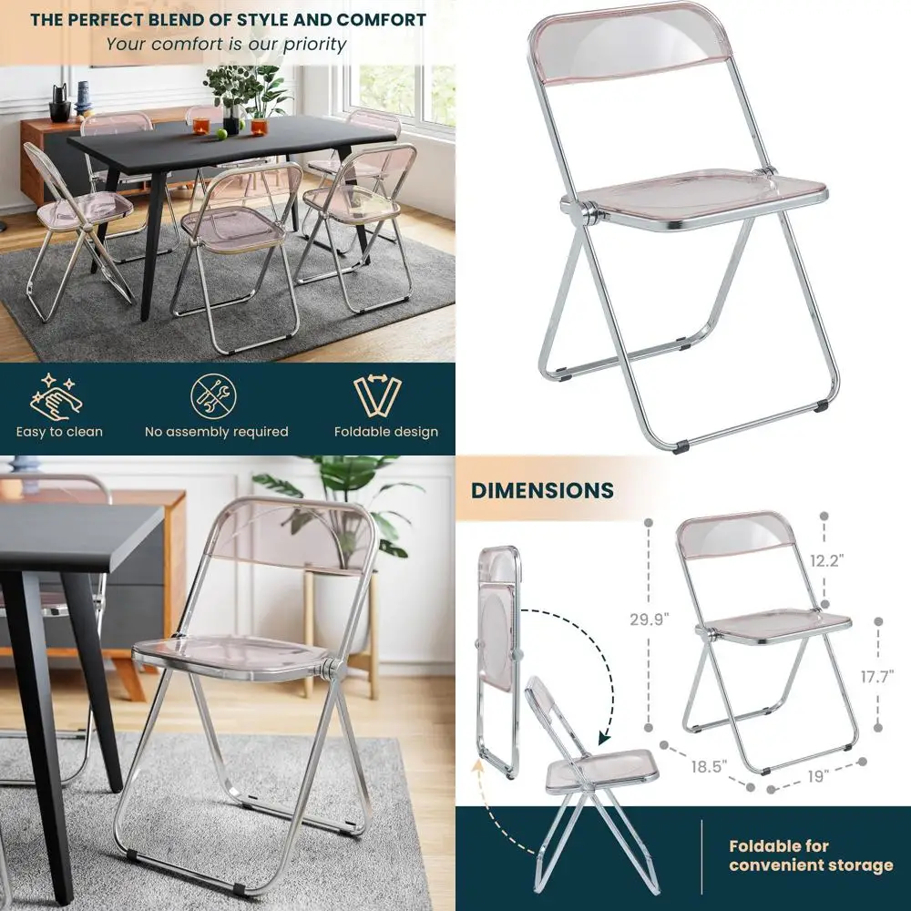 

Clear Acrylic Folding Chair with Metal Frame, Space-Saving for Dining, Office, Bedroom, Vanity, and Small Spaces, Rose Pink